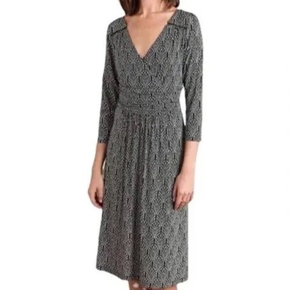 Maeve Anthropologie Galena Dress Black White Art Deco Fan Print Midi Large